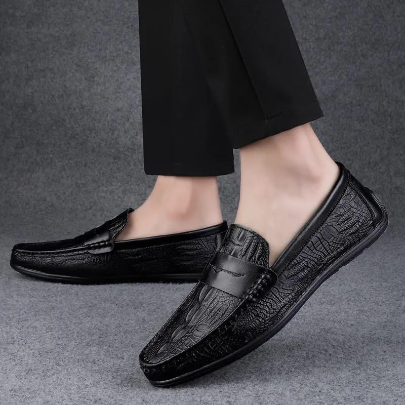 Men's Loafers Round Toe Vegan Leather Crocodile Print Penny Loafers Anti-Slip Lightweight Flexible Outdoor Party Slip On
