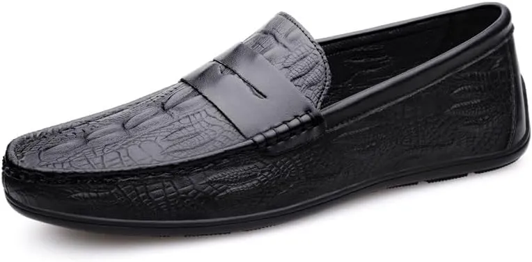 Men's Loafers Round Toe Vegan Leather Crocodile Print Penny Loafers Anti-Slip Lightweight Flexible Outdoor Party Slip On