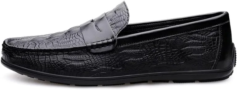 Men's Loafers Round Toe Vegan Leather Crocodile Print Penny Loafers Anti-Slip Lightweight Flexible Outdoor Party Slip On