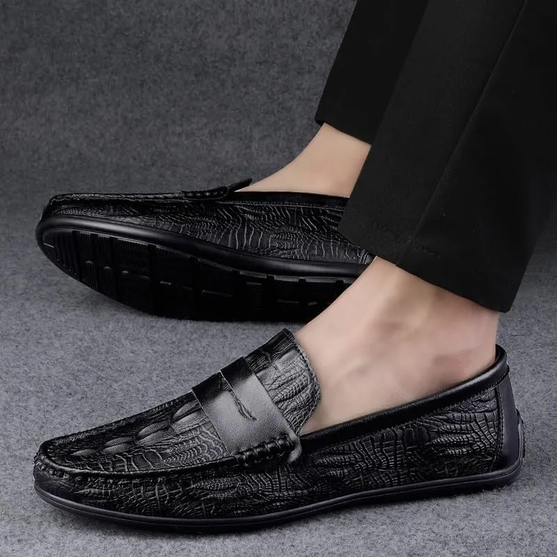 Men's Loafers Round Toe Vegan Leather Crocodile Print Penny Loafers Anti-Slip Lightweight Flexible Outdoor Party Slip On