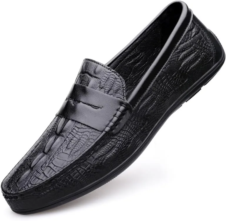 Men's Loafers Round Toe Vegan Leather Crocodile Print Penny Loafers Anti-Slip Lightweight Flexible Outdoor Party Slip On