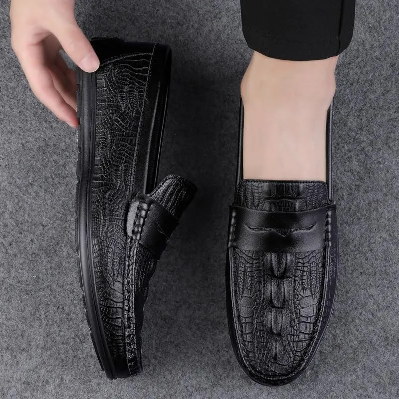 Men's Loafers Round Toe Vegan Leather Crocodile Print Penny Loafers Anti-Slip Lightweight Flexible Outdoor Party Slip On