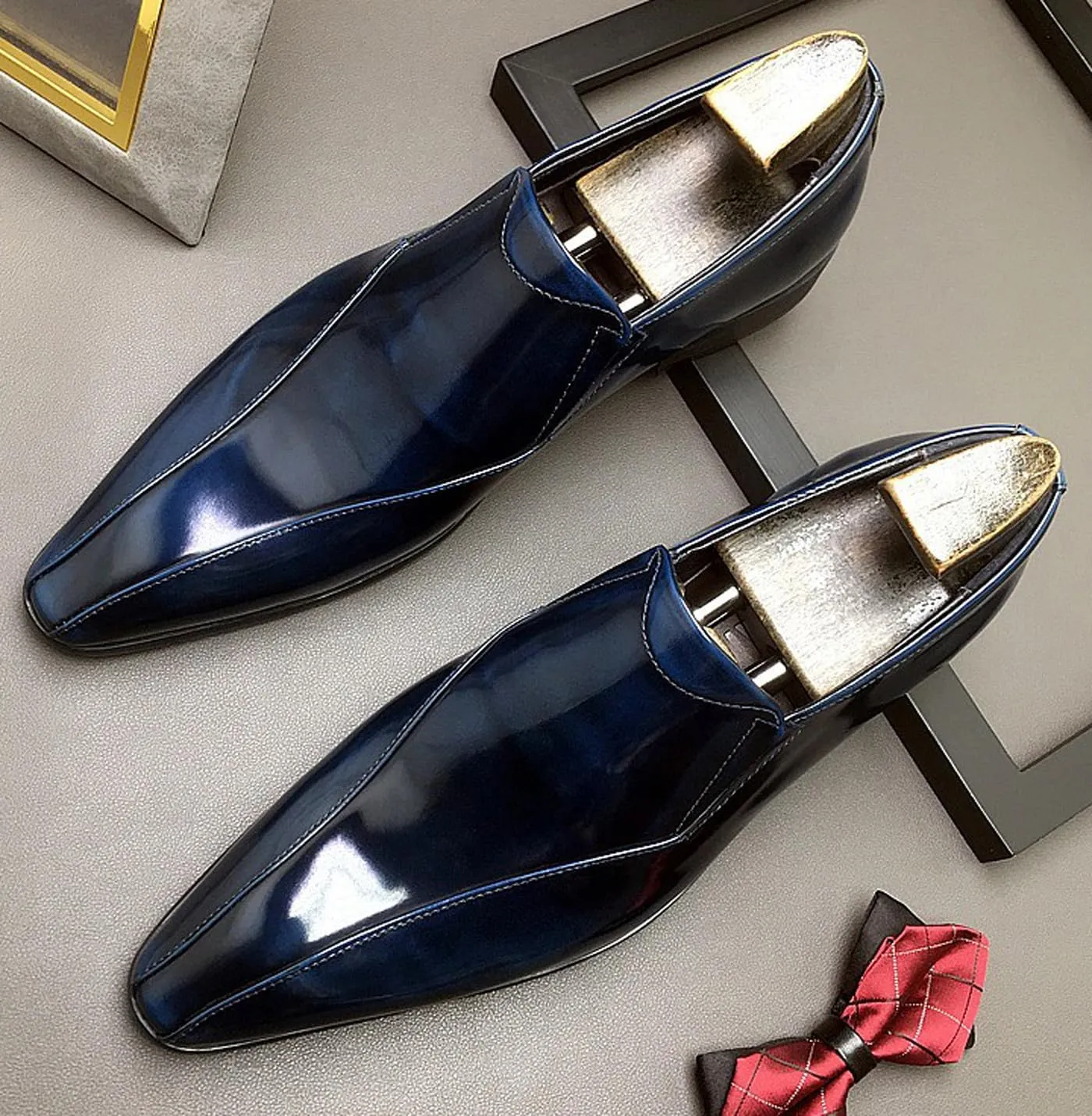 Men's Patent Leather Slip-On Loafers | Pointed Toe Penny Dress Shoes for Wedding & Business | Shining Casual Loafers with Cushioned Comfort Sole