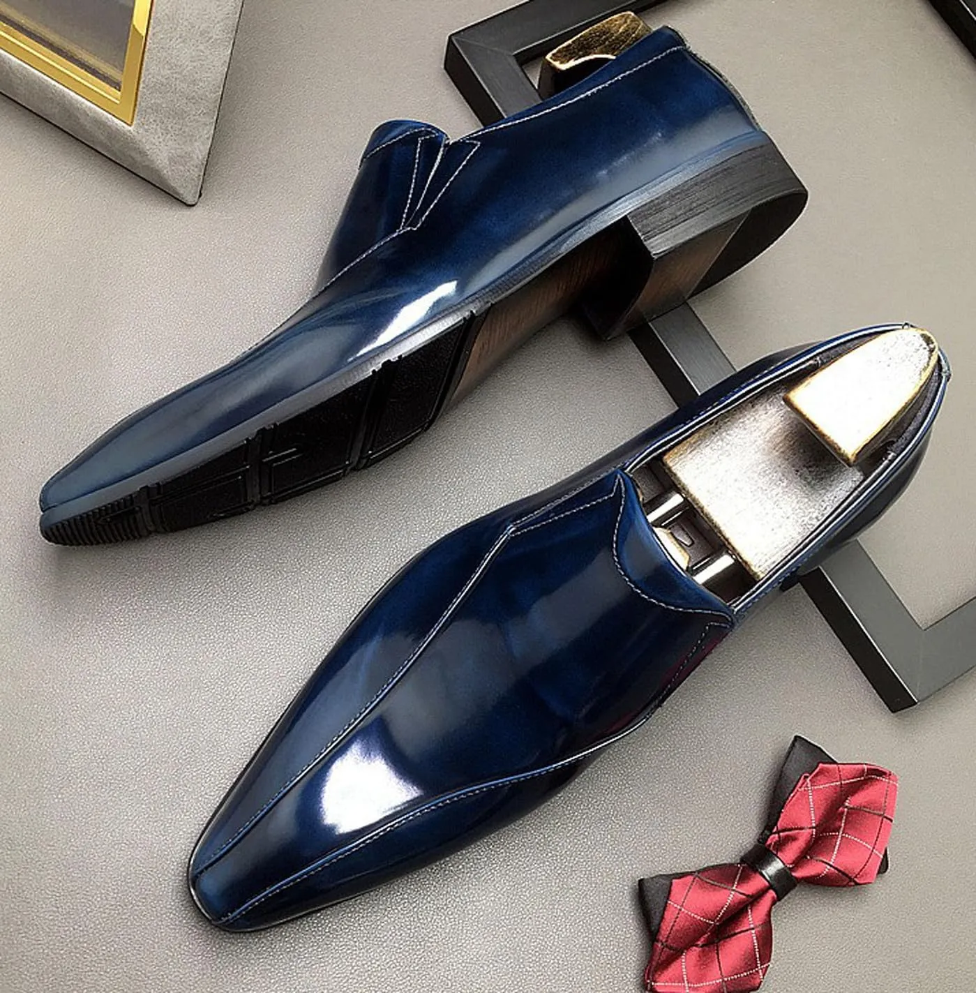 Men's Patent Leather Slip-On Loafers | Pointed Toe Penny Dress Shoes for Wedding & Business | Shining Casual Loafers with Cushioned Comfort Sole