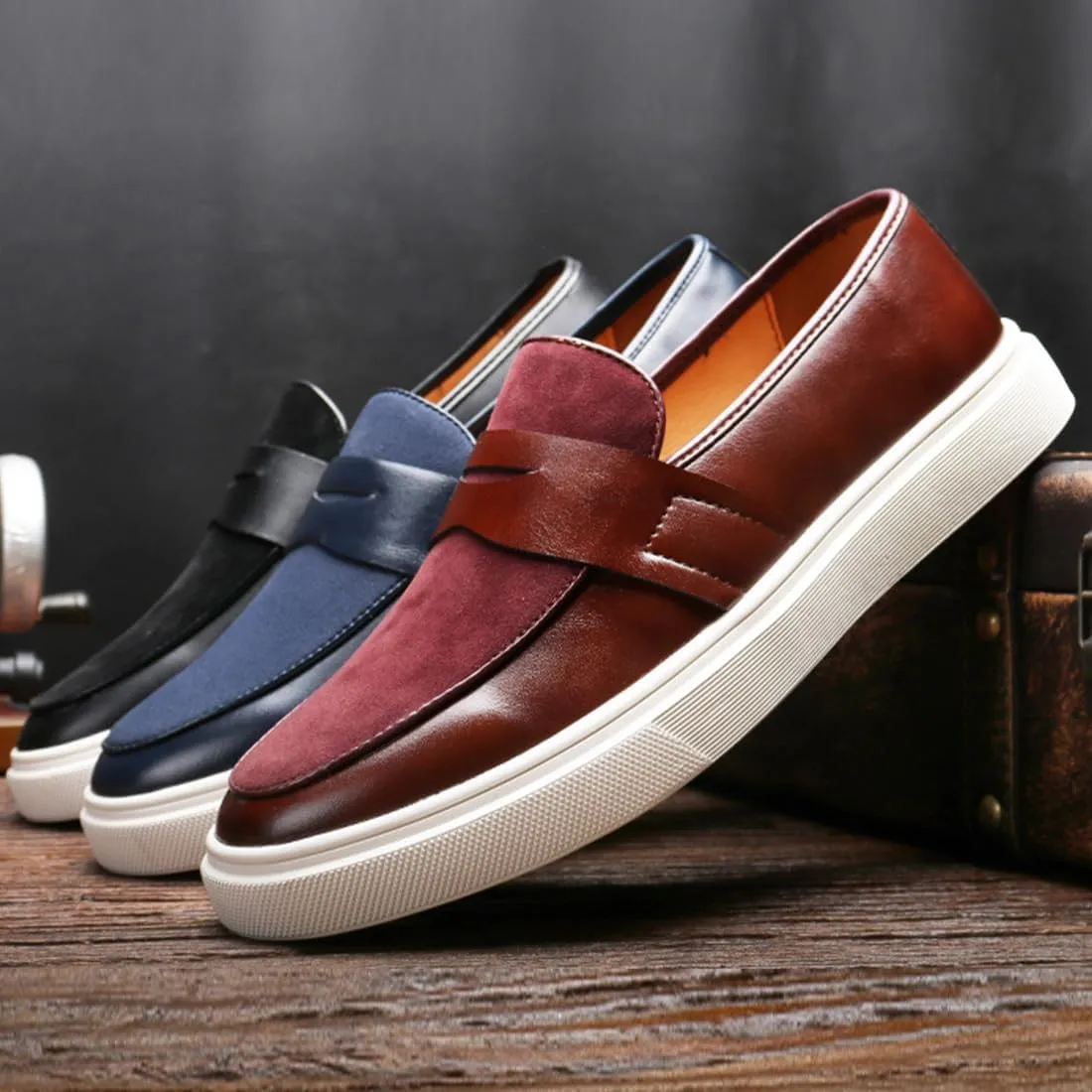 Men's Slip-On Suede Leather Loafers – Lightweight Round Toe Casual Dress Shoes with Metal Buckle, Comfortable Driving & Walking Penny Sneakers