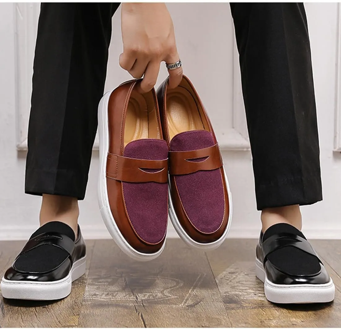 Men's Slip-On Suede Leather Loafers – Lightweight Round Toe Casual Dress Shoes with Metal Buckle, Comfortable Driving & Walking Penny Sneakers