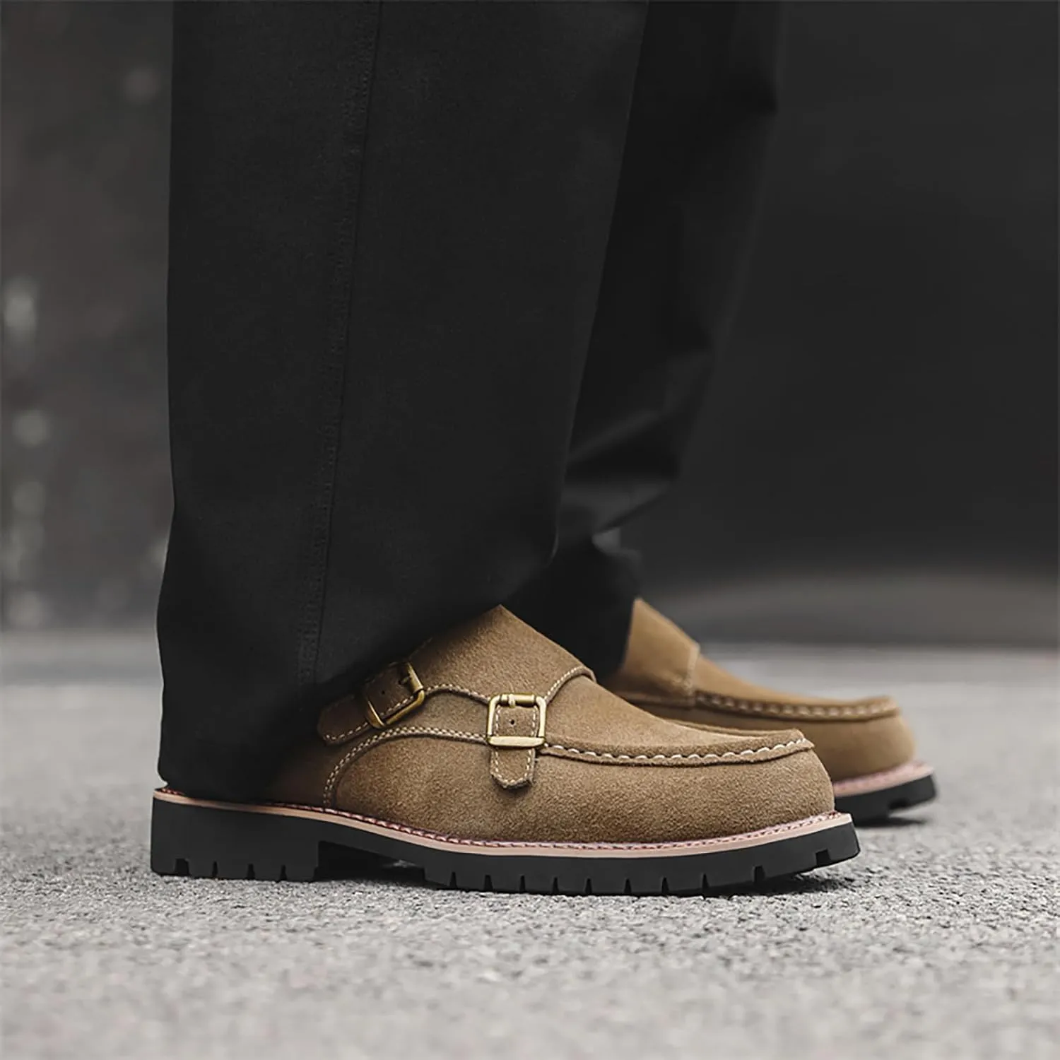 Mens Suede Double Monk Strap Loafers Classic Round Toe Low Top Slip On Dress Shoes Comfort Non Slip Design for Casual Work Daily Wear