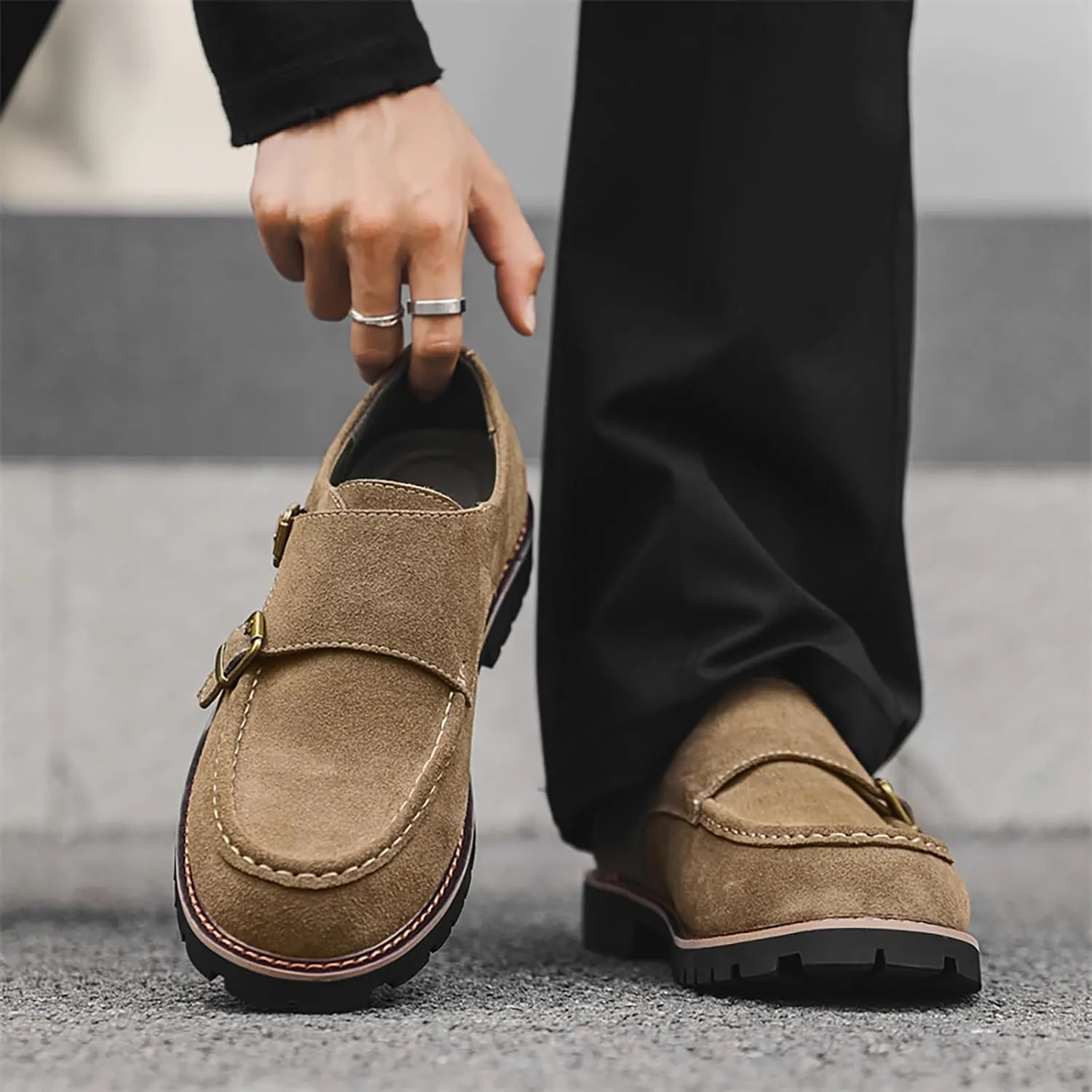 Mens Suede Double Monk Strap Loafers Classic Round Toe Low Top Slip On Dress Shoes Comfort Non Slip Design for Casual Work Daily Wear