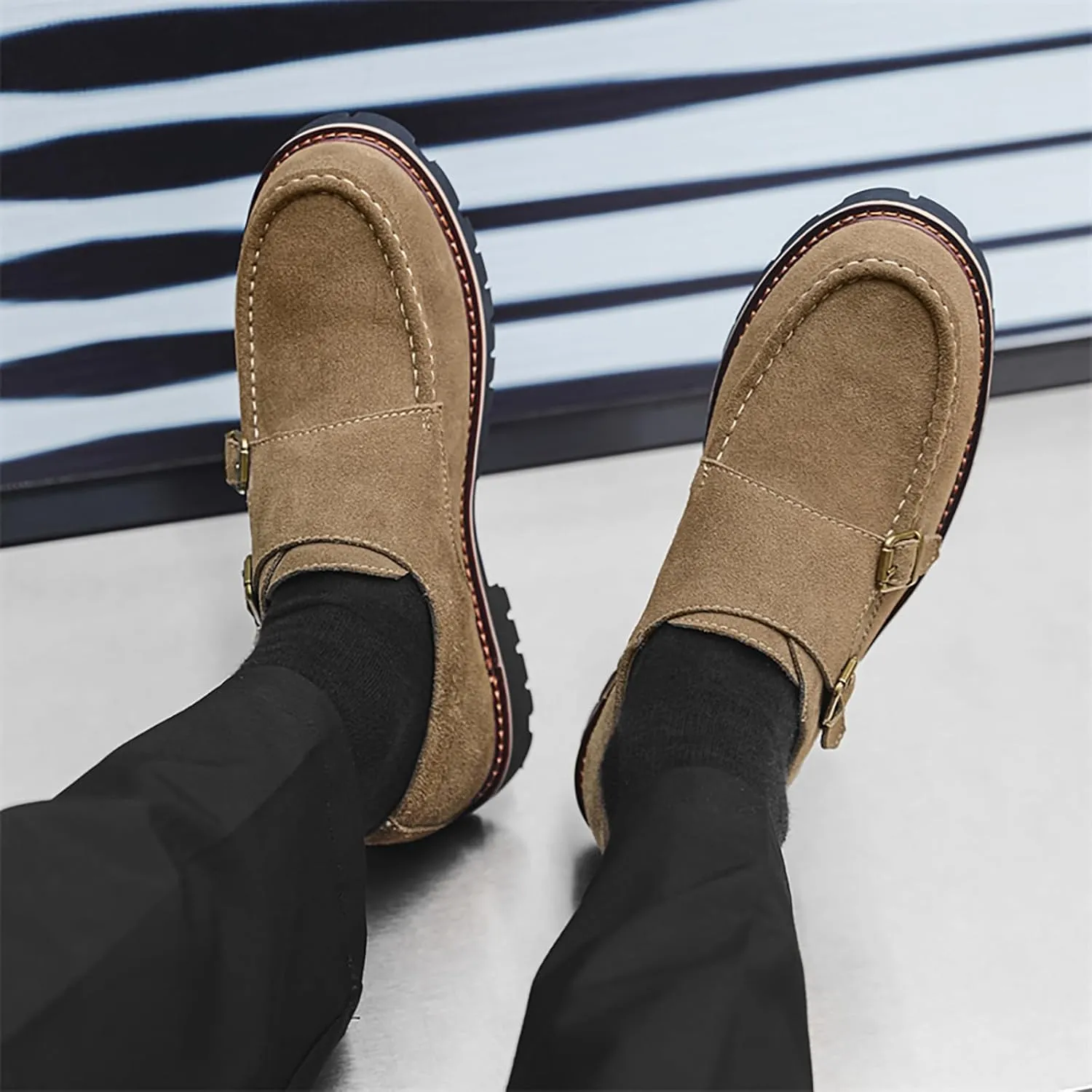 Mens Suede Double Monk Strap Loafers Classic Round Toe Low Top Slip On Dress Shoes Comfort Non Slip Design for Casual Work Daily Wear