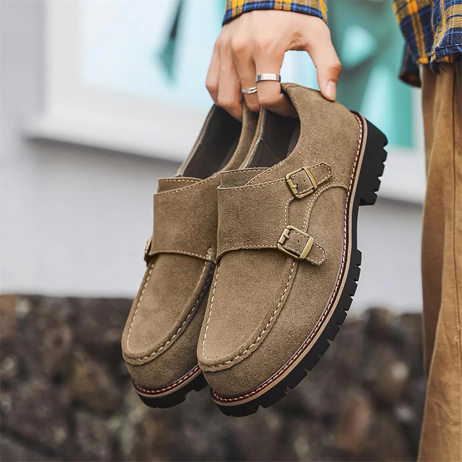 Mens Suede Double Monk Strap Loafers Classic Round Toe Low Top Slip On Dress Shoes Comfort Non Slip Design for Casual Work Daily Wear