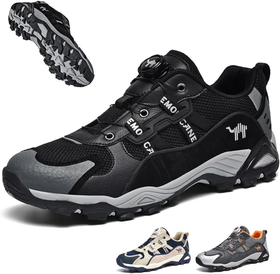 Men's Waterproof Hiking Shoe for Walking & Trail Shoes Self-Tying Anti Slip Outdoor Hike Trekking Shoes Low Top Breathable Camping Hiker Sneakers