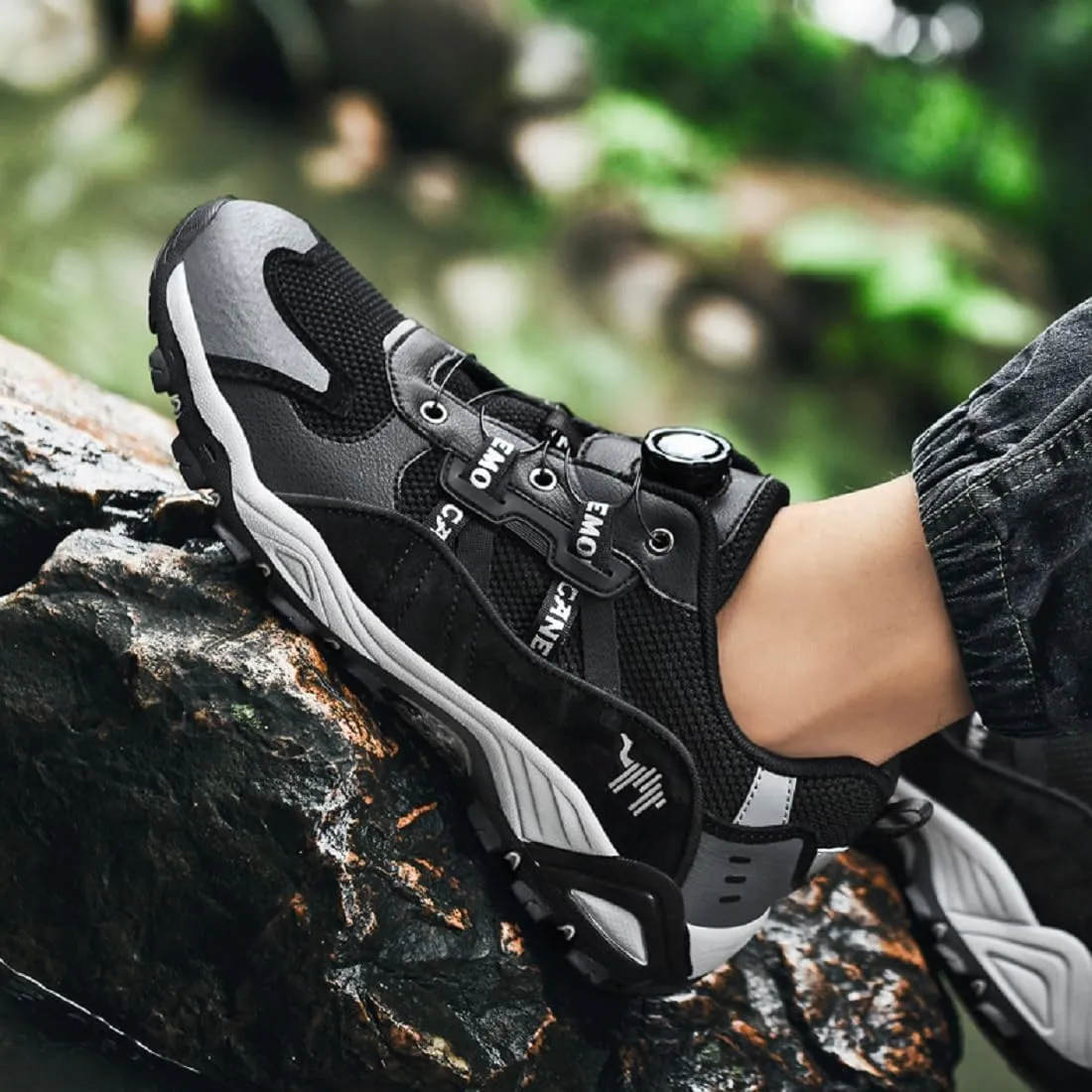 Men's Waterproof Hiking Shoe for Walking & Trail Shoes Self-Tying Anti Slip Outdoor Hike Trekking Shoes Low Top Breathable Camping Hiker Sneakers
