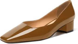 MERRORI Women's Low Heel 1.5 Inch Party Slip On Square Toe Chunky Casual Patent Fashion Pumps Shoes