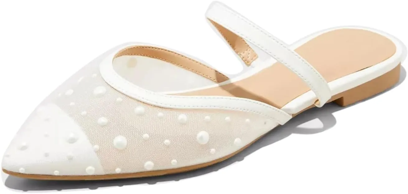 Mesh Ballet Flats for Women Fishnet Mules Shoes Pointed Toe Comfy Casual Office Slip on Mule Flats