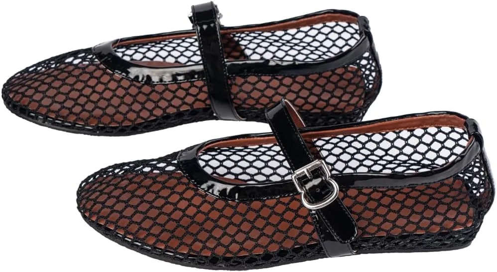Mesh Flats for Women Ballerina Comfortable Mule Casual Round Toe Buckle Strap Ballet Mary Jane Shoes for Summer