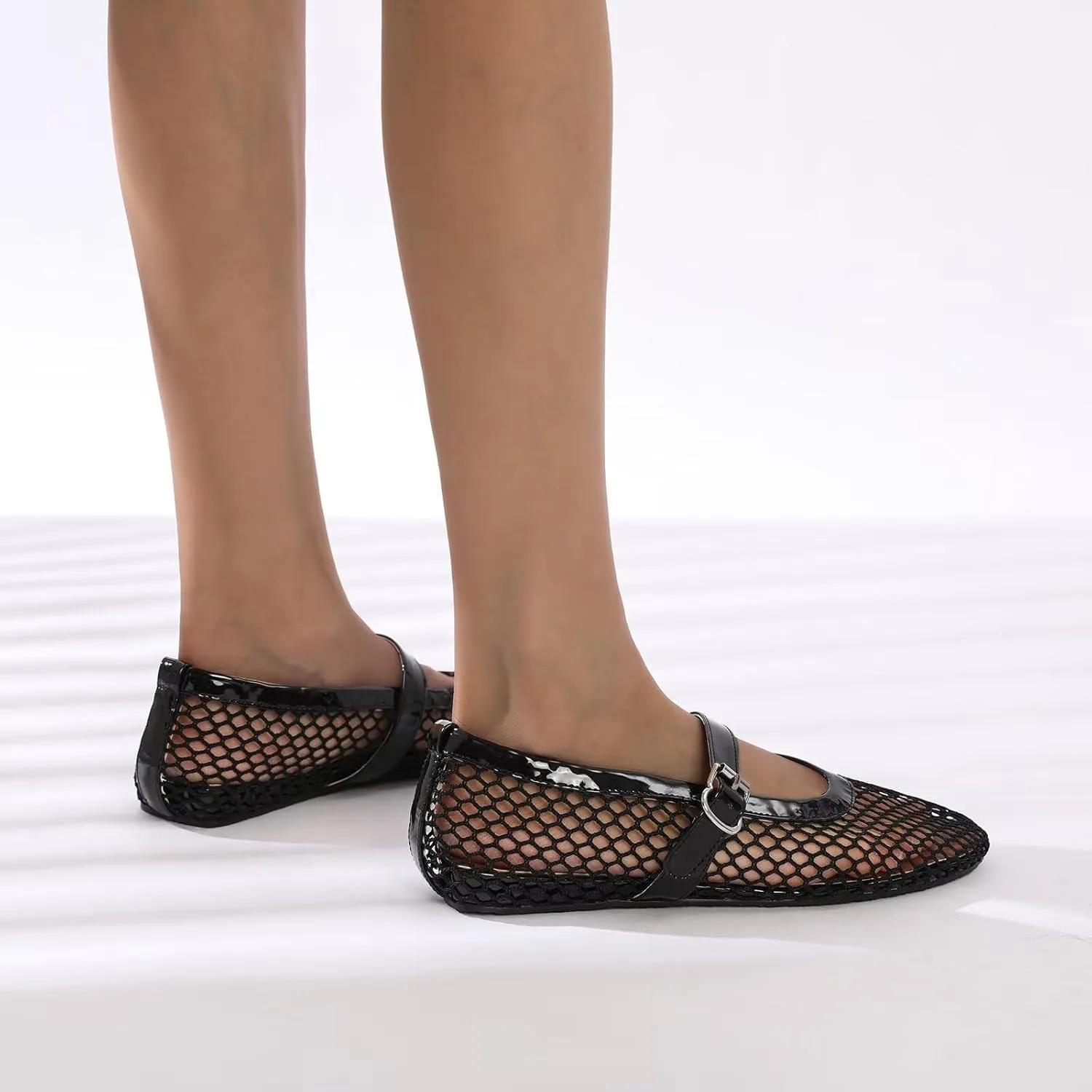 Mesh Flats for Women Ballerina Comfortable Mule Casual Round Toe Buckle Strap Ballet Mary Jane Shoes for Summer