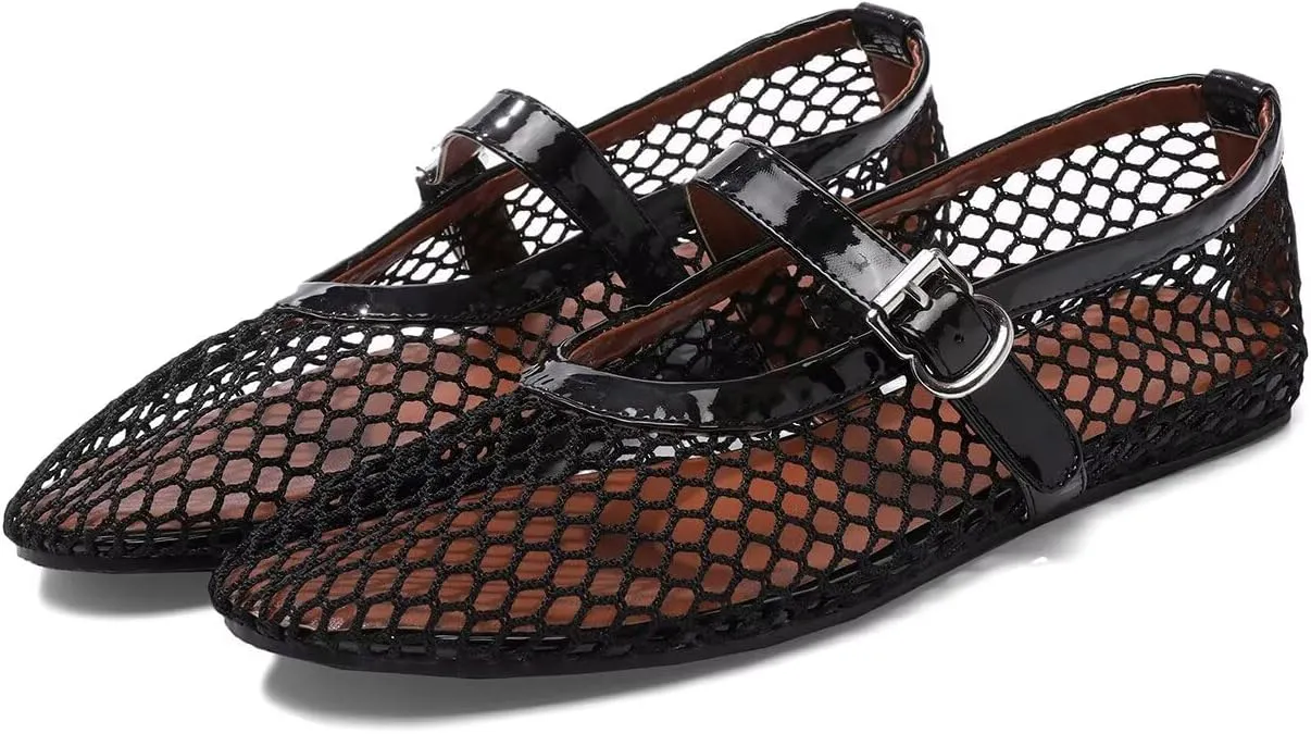 Mesh Flats for Women Ballerina Comfortable Mule Casual Round Toe Buckle Strap Ballet Mary Jane Shoes for Summer