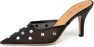 Mesh Kitten Heels for Women Pointed Closed Toe Mule Heeled Sandals Sexy Slip On Dress Pumps