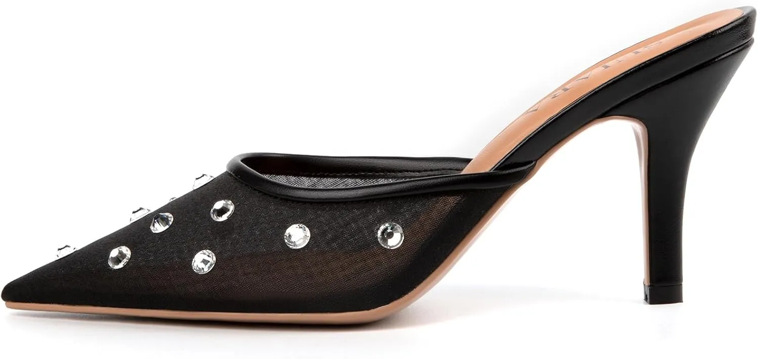 Mesh Kitten Heels for Women Pointed Closed Toe Mule Heeled Sandals Sexy Slip On Dress Pumps