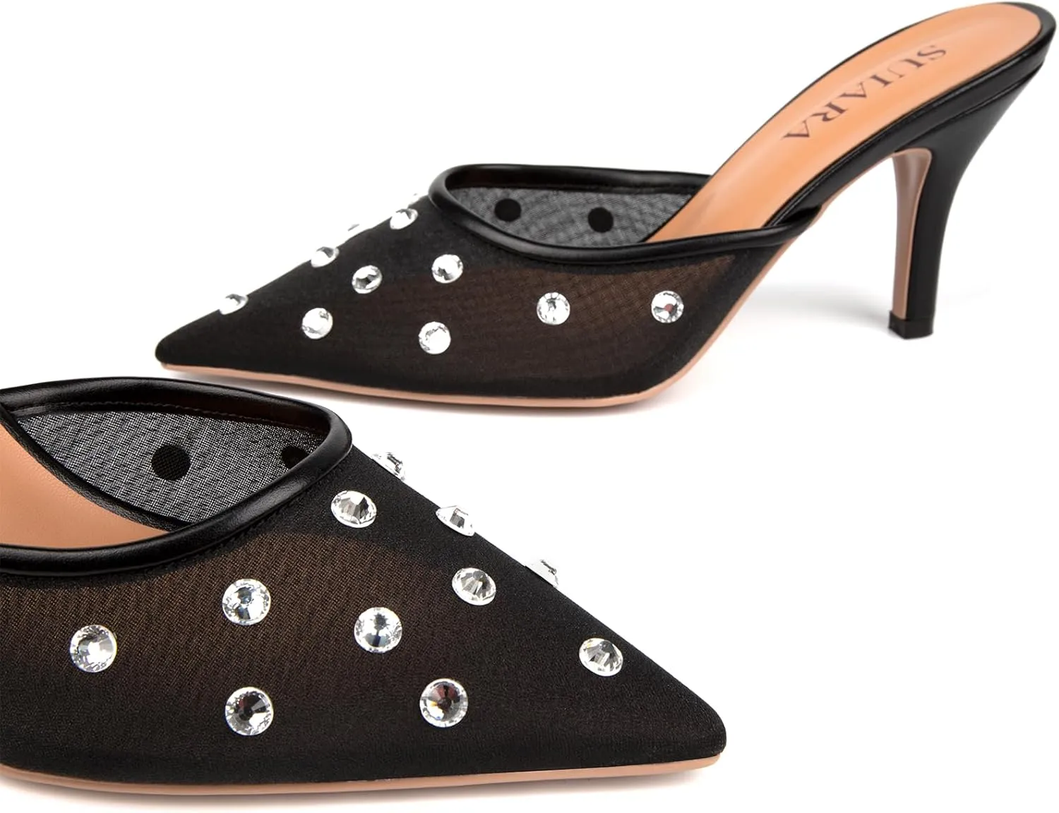 Mesh Kitten Heels for Women Pointed Closed Toe Mule Heeled Sandals Sexy Slip On Dress Pumps