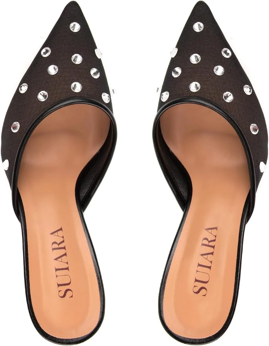 Mesh Kitten Heels for Women Pointed Closed Toe Mule Heeled Sandals Sexy Slip On Dress Pumps