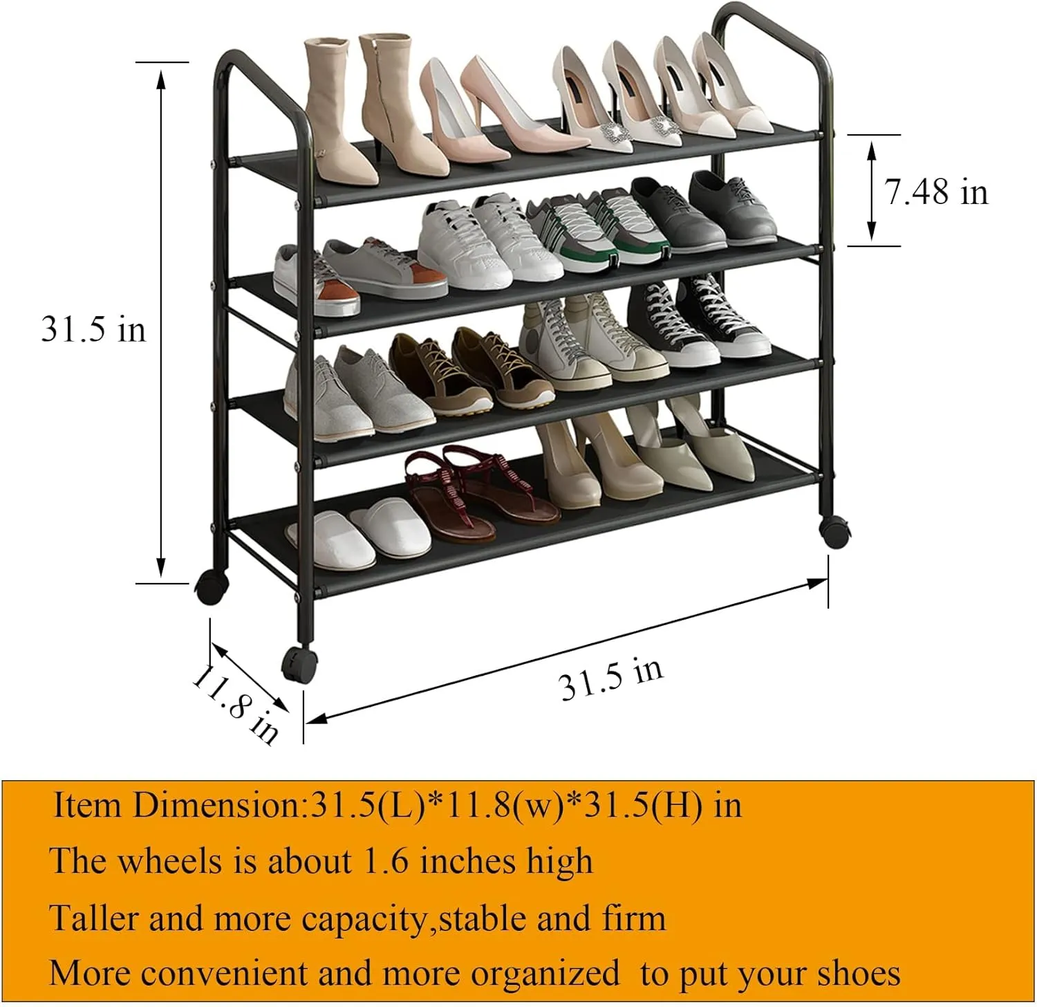 Metal Shoe Rack with Wheels, Non-Woven Fabric Shoe Shelf, Shoe Rack with Wheels, 4 Tiers Black, Suitable for Entryway, Garage