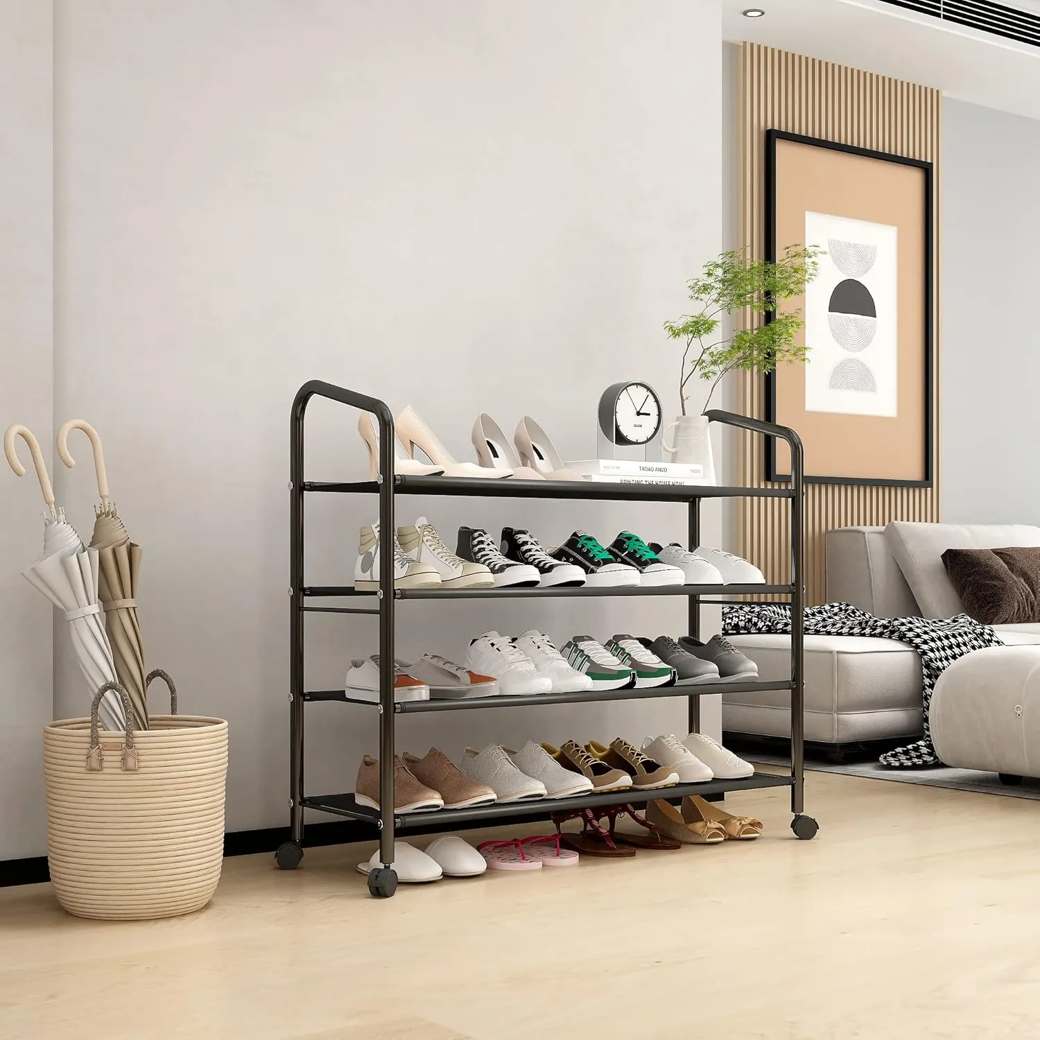Metal Shoe Rack with Wheels, Non-Woven Fabric Shoe Shelf, Shoe Rack with Wheels, 4 Tiers Black, Suitable for Entryway, Garage