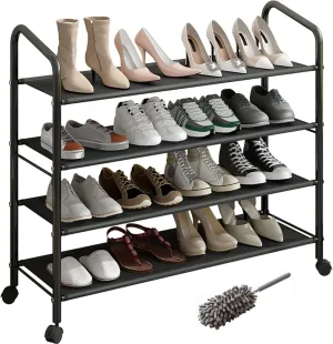 Metal Shoe Rack with Wheels, Non-Woven Fabric Shoe Shelf, Shoe Rack with Wheels, 4 Tiers Black, Suitable for Entryway, Garage
