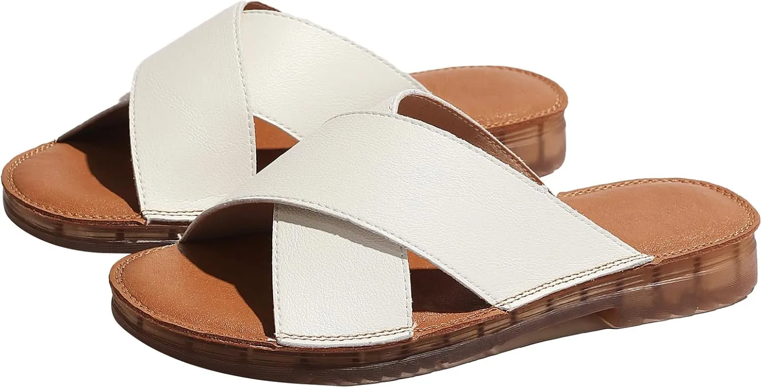 MGGMOKAY Women's Flat Sandals Fashion Slides With Soft Leather Slippers for Summer,Black,6