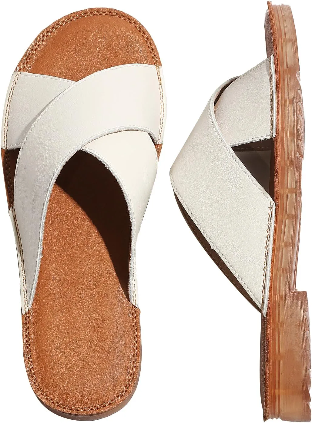 MGGMOKAY Women's Flat Sandals Fashion Slides With Soft Leather Slippers for Summer,Black,6
