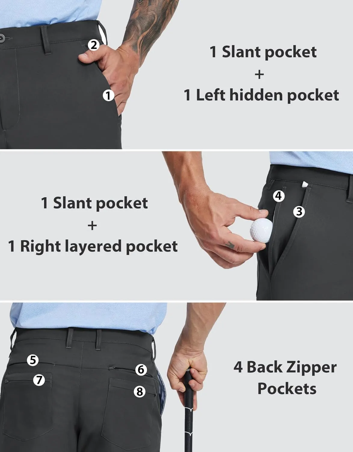 MICHEL ROUEN Golf Shorts Men 7" Solid 8 Pockets Lightweight Water-Resistant Flat Front Flex Stretch Casual Mens Dress Shorts