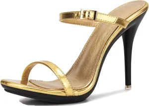 Minishion Stiletto Heel Slide Sandals for Women Slip-on Summer Dressy Shoes with Buckle TM009