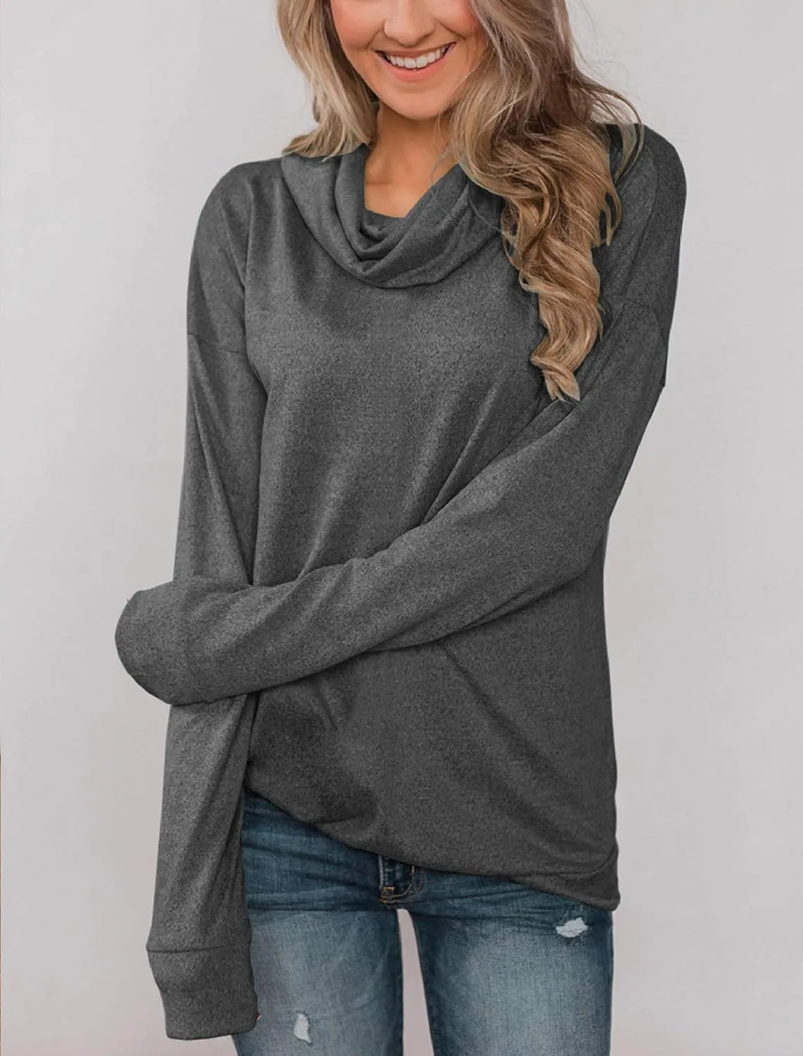 Minthunter Women's Long Sleeve Pullovers Cowl Neck Tunic Shirt Casual Sweatshirt Tops