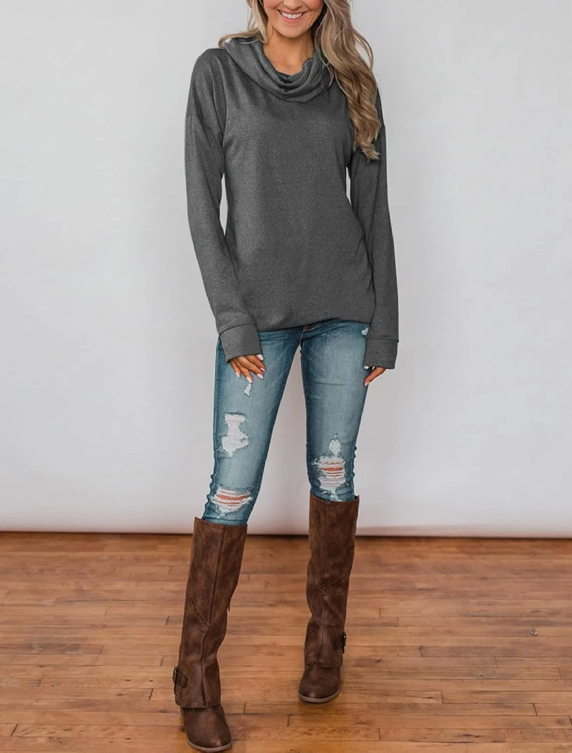 Minthunter Women's Long Sleeve Pullovers Cowl Neck Tunic Shirt Casual Sweatshirt Tops