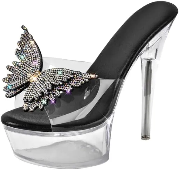 MissHeel Rhinestones Butterfly Clear Platform Slip On Heels Open Toe Stilettos