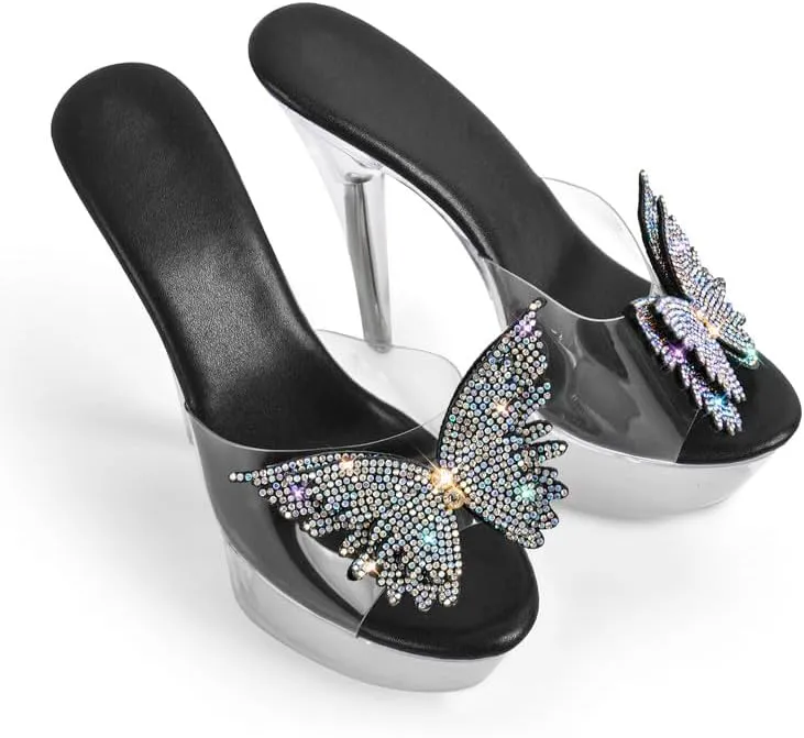 MissHeel Rhinestones Butterfly Clear Platform Slip On Heels Open Toe Stilettos