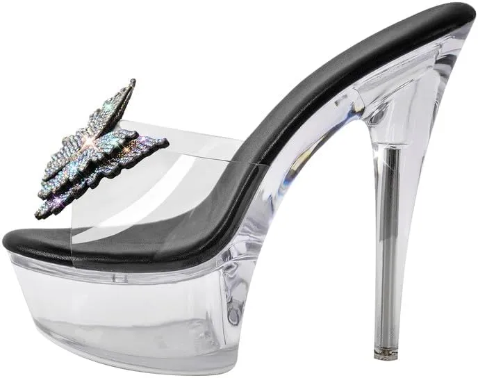MissHeel Rhinestones Butterfly Clear Platform Slip On Heels Open Toe Stilettos