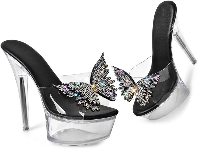 MissHeel Rhinestones Butterfly Clear Platform Slip On Heels Open Toe Stilettos