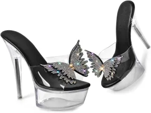 MissHeel Rhinestones Butterfly Clear Platform Slip On Heels Open Toe Stilettos