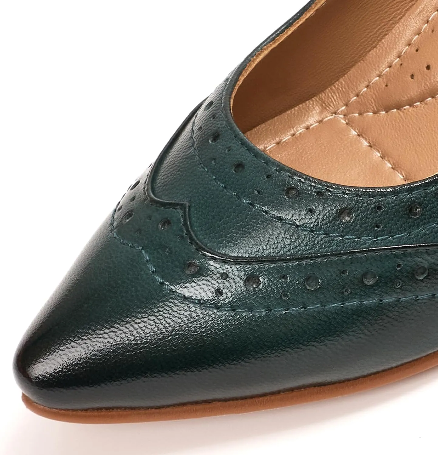 Mona flying Women's Leather Pointed Toe Vintage Brogue Pumps Slip On Mid Heels Dress Shoes for Ladies