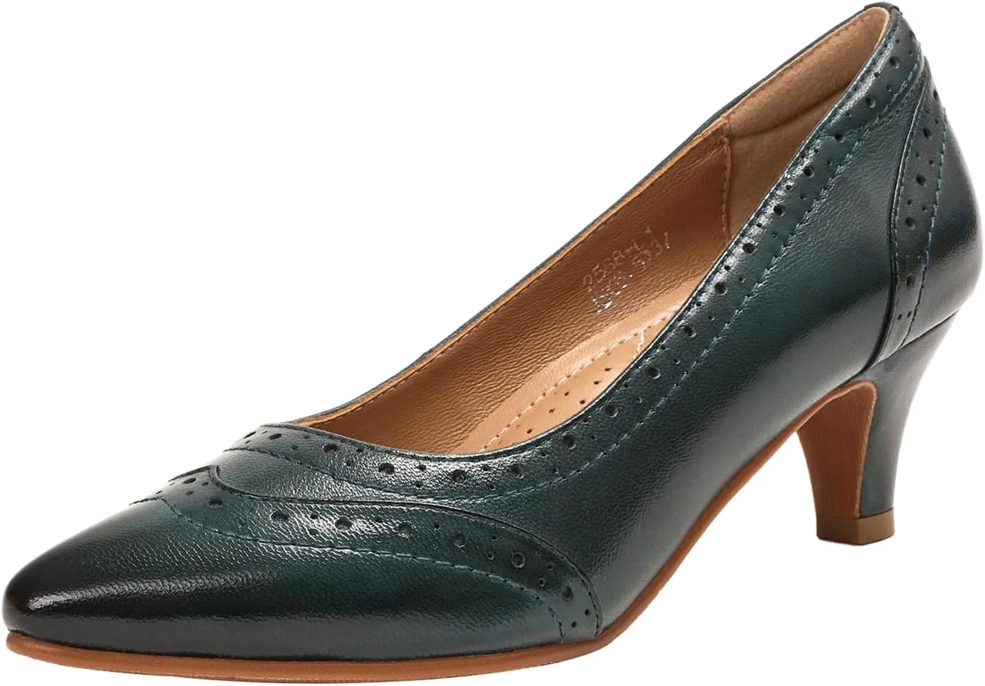 Mona flying Women's Leather Pointed Toe Vintage Brogue Pumps Slip On Mid Heels Dress Shoes for Ladies
