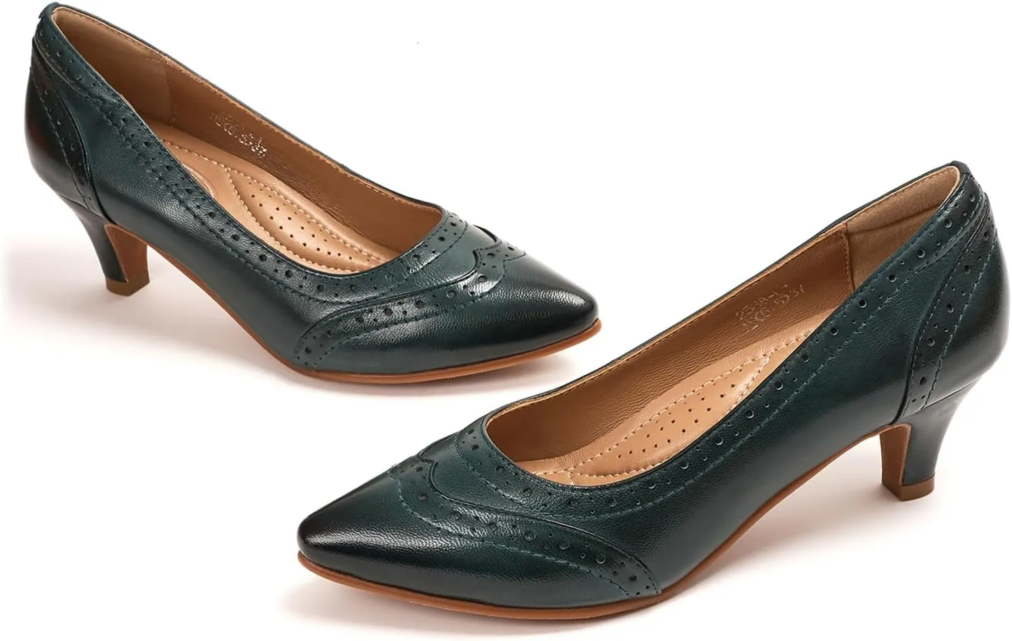 Mona flying Women's Leather Pointed Toe Vintage Brogue Pumps Slip On Mid Heels Dress Shoes for Ladies