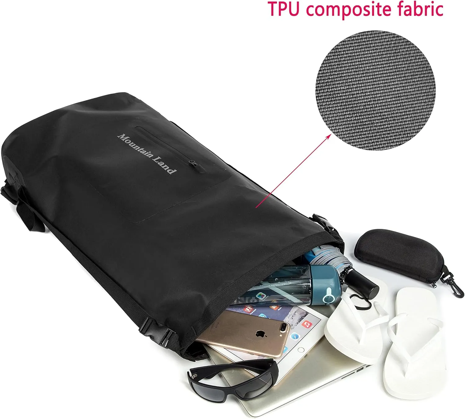 Mountain Land Waterproof Backpack Made of Composite TPU, Roll-Top Closure Dry Bag with Front-Zippered Pocket Cushioned Padded Back Panel Black 30L