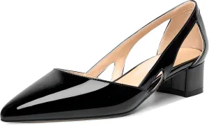 MOVINSTEPS Womens Pointed Toe Dress Slip On Patent Cut Out Work Chunky Low Heel Pumps Shoes 1.5 Inch