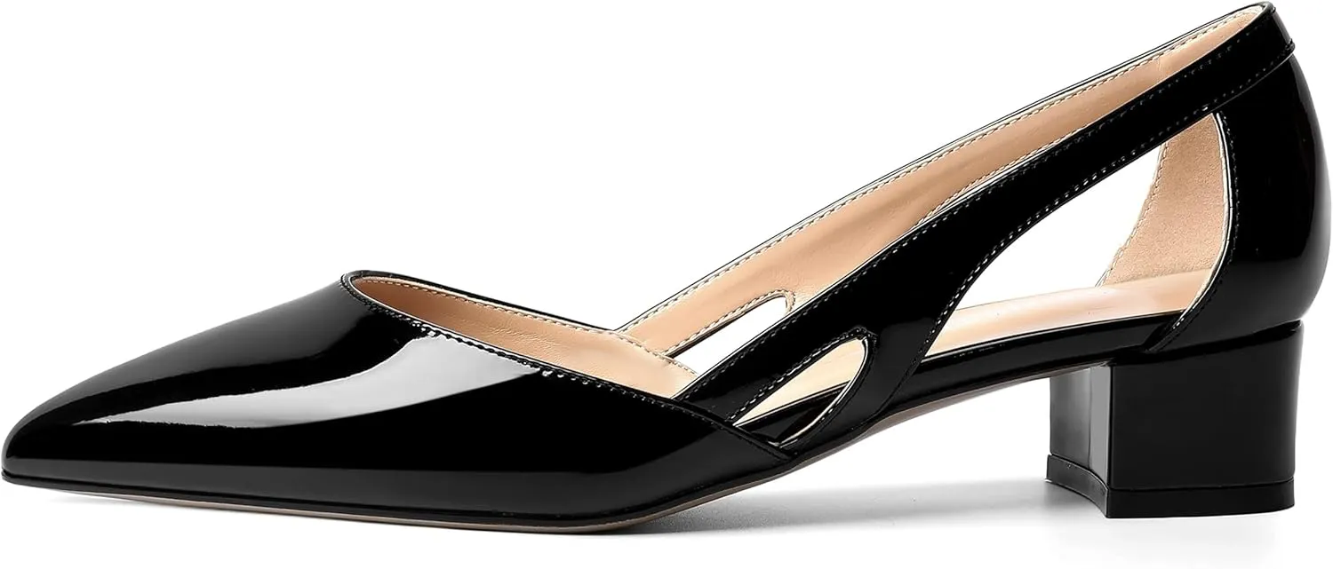 MOVINSTEPS Womens Pointed Toe Dress Slip On Patent Cut Out Work Chunky Low Heel Pumps Shoes 1.5 Inch