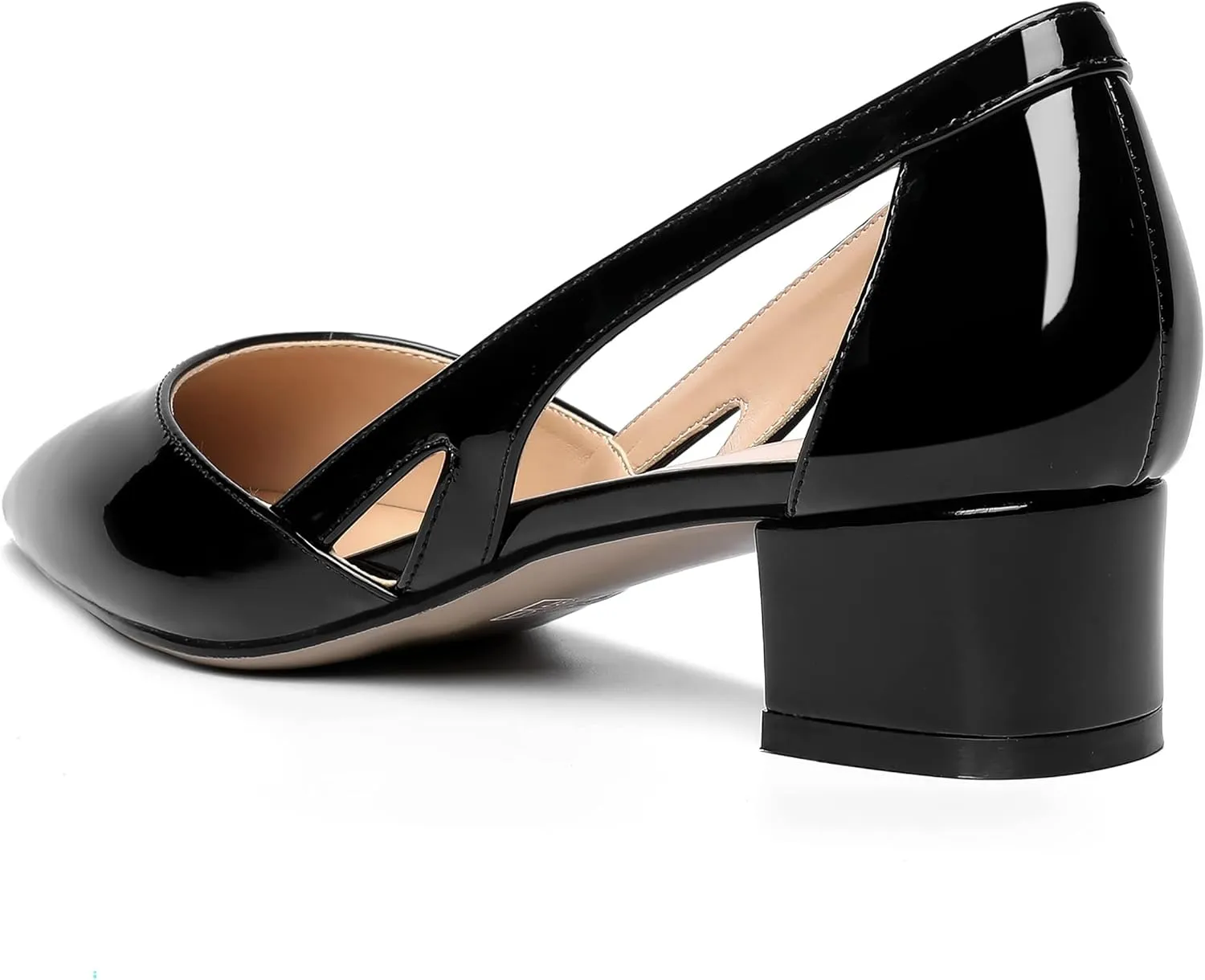 MOVINSTEPS Womens Pointed Toe Dress Slip On Patent Cut Out Work Chunky Low Heel Pumps Shoes 1.5 Inch