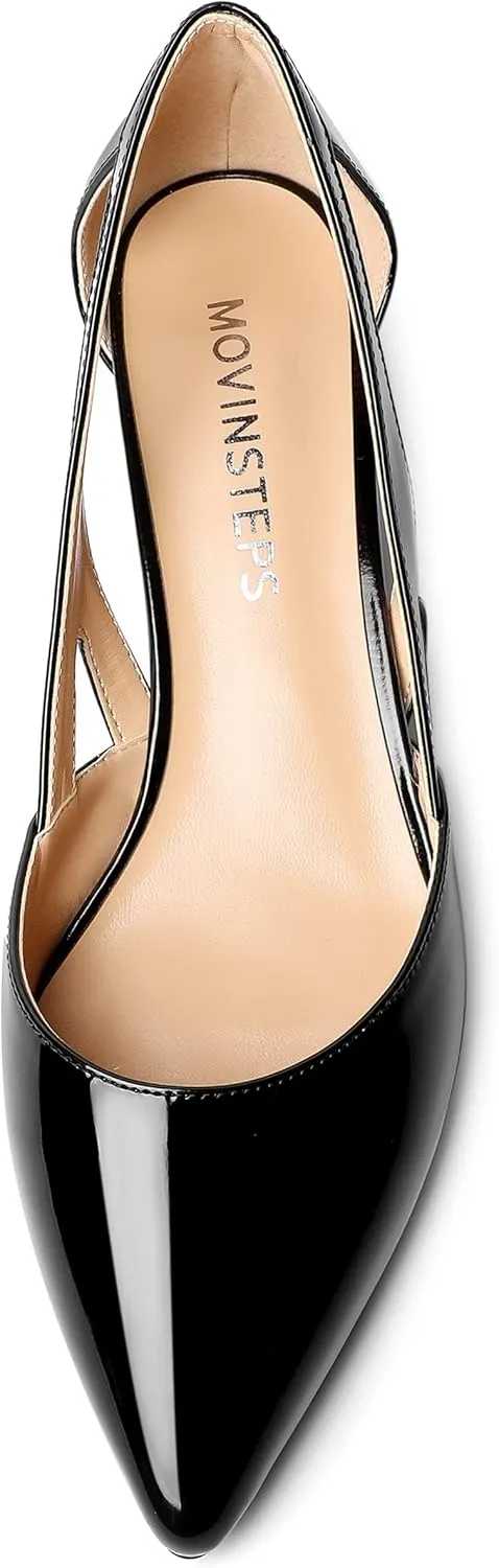 MOVINSTEPS Womens Pointed Toe Dress Slip On Patent Cut Out Work Chunky Low Heel Pumps Shoes 1.5 Inch