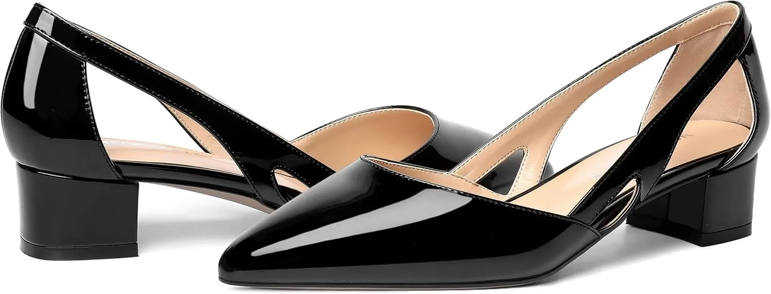 MOVINSTEPS Womens Pointed Toe Dress Slip On Patent Cut Out Work Chunky Low Heel Pumps Shoes 1.5 Inch