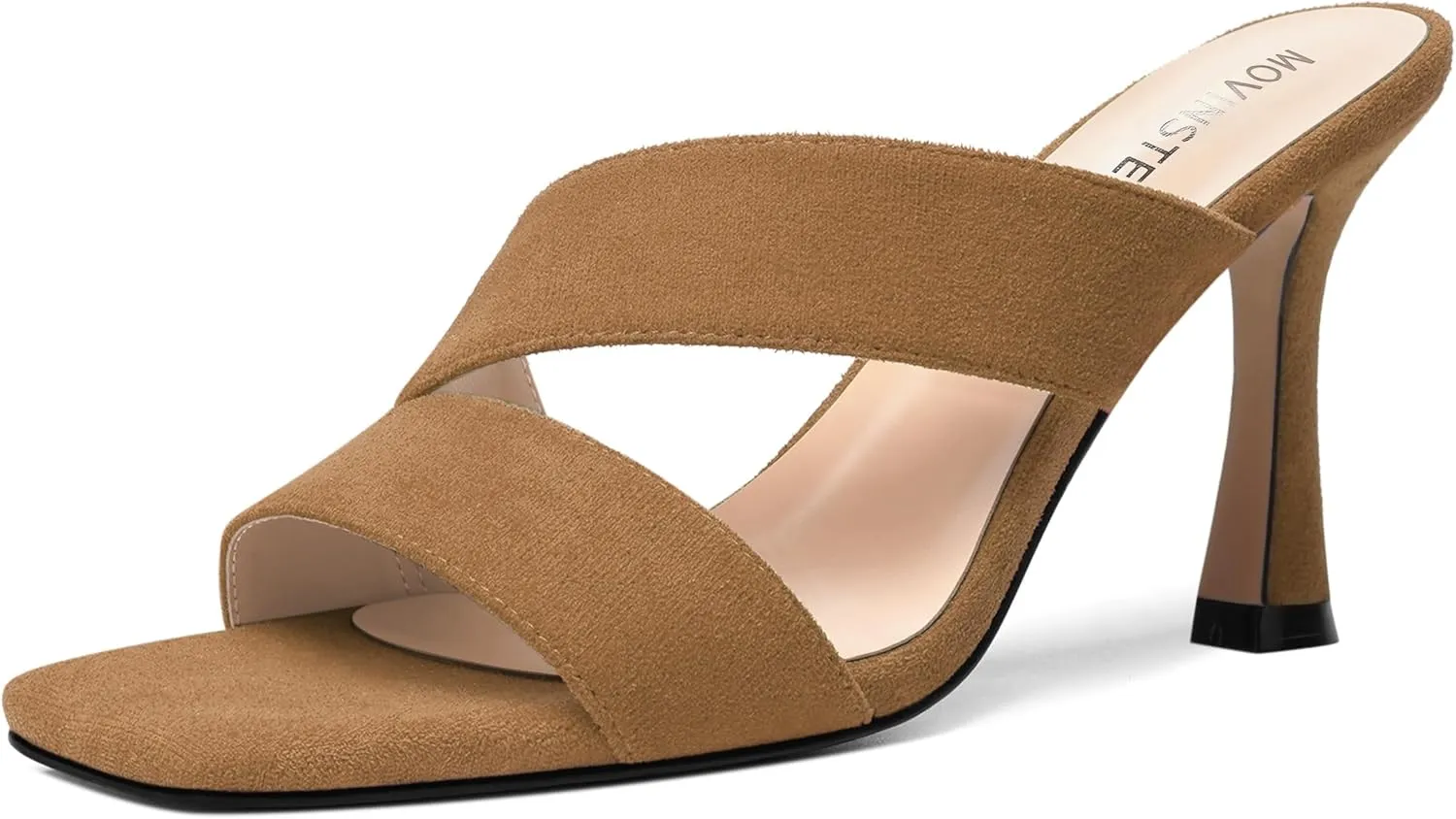 MOVINSTEPS Womens Solid Casual Slip On Suede Dating Square Toe Spool High Heel Heeled Sandals 3.3 Inch