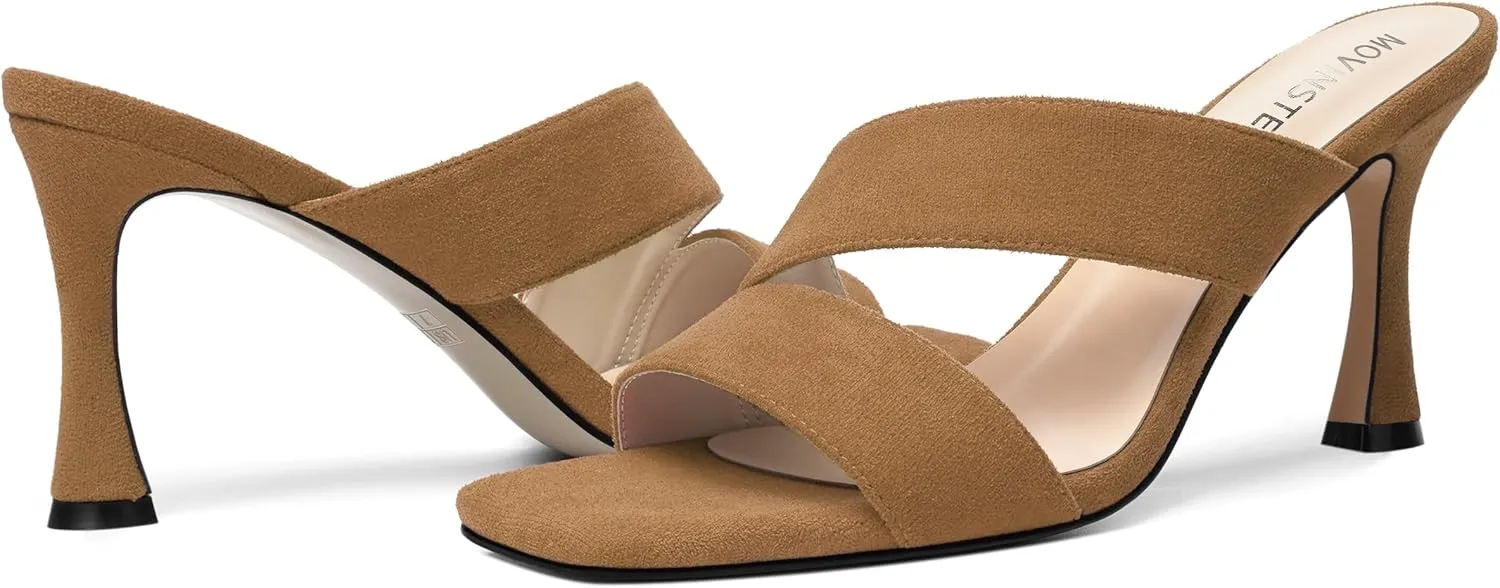 MOVINSTEPS Womens Solid Casual Slip On Suede Dating Square Toe Spool High Heel Heeled Sandals 3.3 Inch